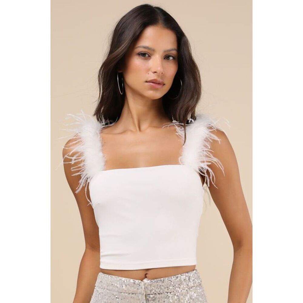 Lulus Fabulous Attraction White Feather Cropped Tank Top - Size L. Never worn!
